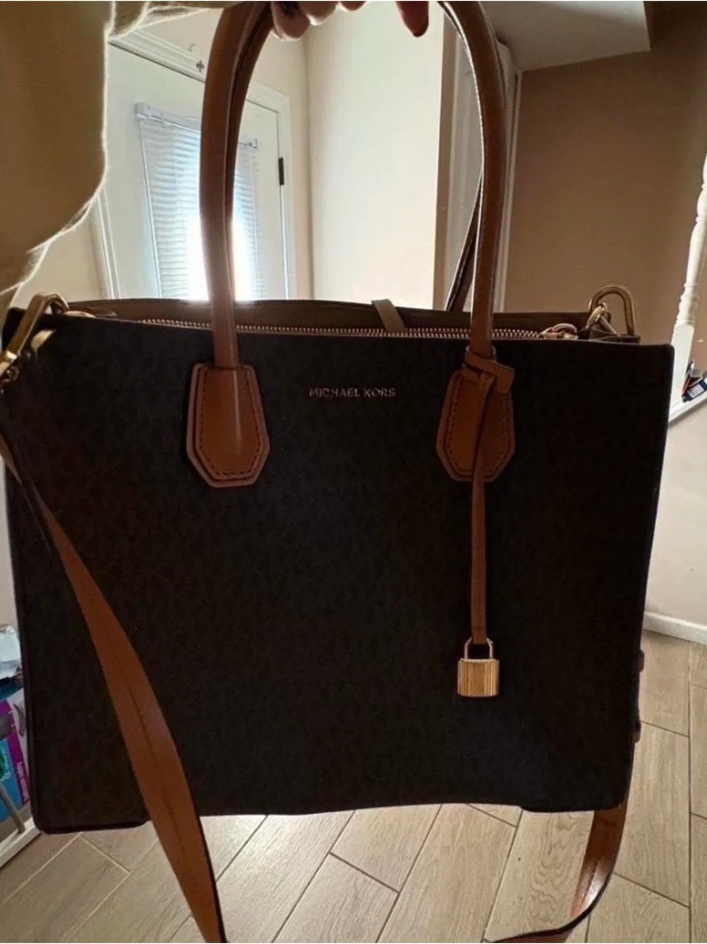 Michael Kors Black and Brown Signature Tote with Gold Accent